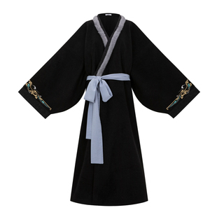 花朝记｜子衿｜汉服西汉马王堆直裾襌衣绣花亮丝毛呢大衣黑色秋冬