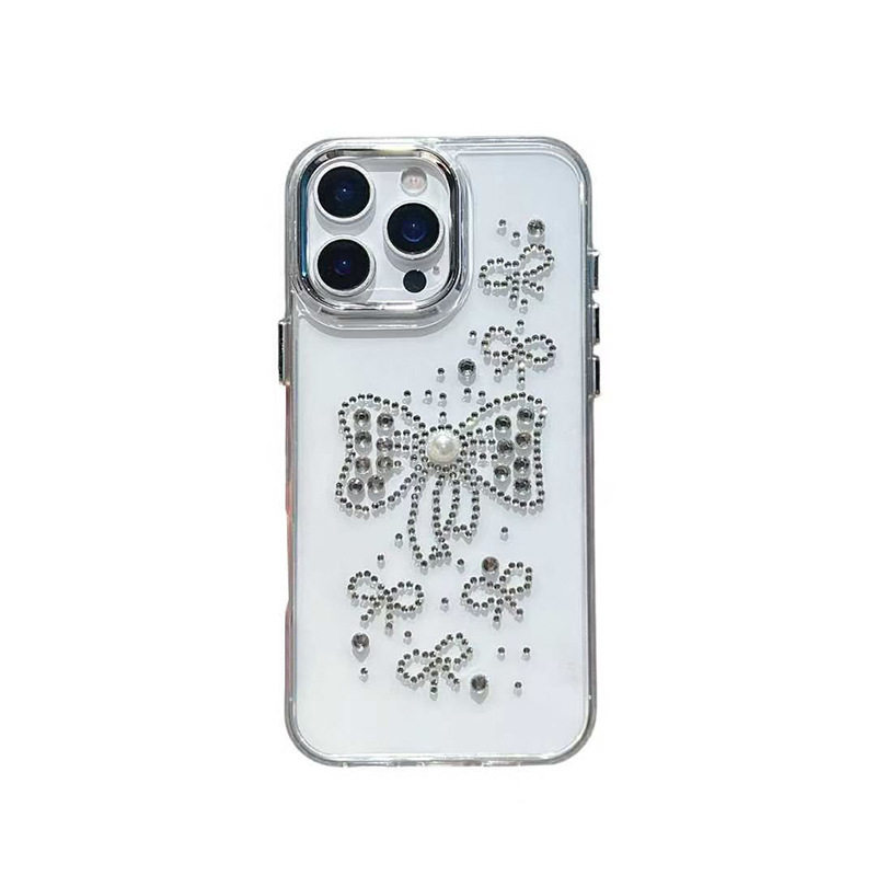 适用iPhone16pro蝴蝶结珍珠防摔手机壳创意苹果17promax透明软壳15plus水钻领结14保护套网红女明星同款时尚