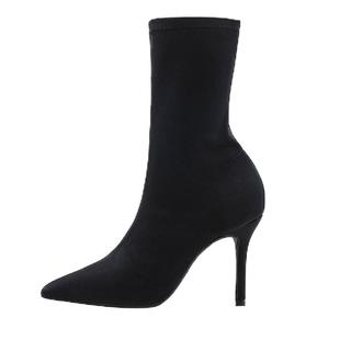 网红短靴女春秋单靴细跟弹力靴显脚小瘦瘦靴高跟鞋尖头中筒靴薄款