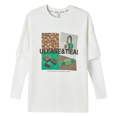 U/TI白色复古印花假两件长袖T恤女 百搭休闲上衣尤缇时尚春季新款