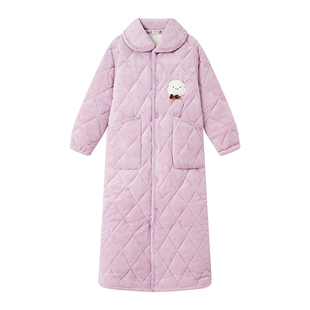 冬季女三层夹棉加厚珊瑚绒睡袍女冬法兰绒加厚保暖浴袍睡衣加长款