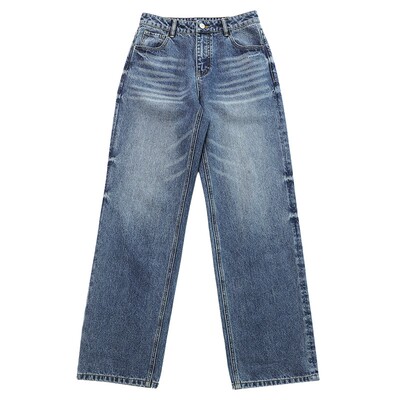 纯棉磨白雪花纹可翻折牛仔裤