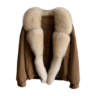 梦湖镜！麂皮绒狐狸毛西装领鹅绒羽绒服2025新款皮草毛毛外套女冬