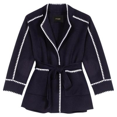 季末7折Maje2025秋冬女装羊毛混纺撞色系带短款收腰毛呢大衣外套