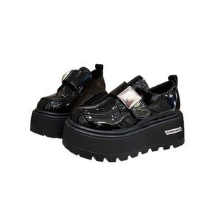 6cm~欧洲站英伦风厚底乐福鞋女鞋黑色漆皮金属扣复古小个子小皮鞋