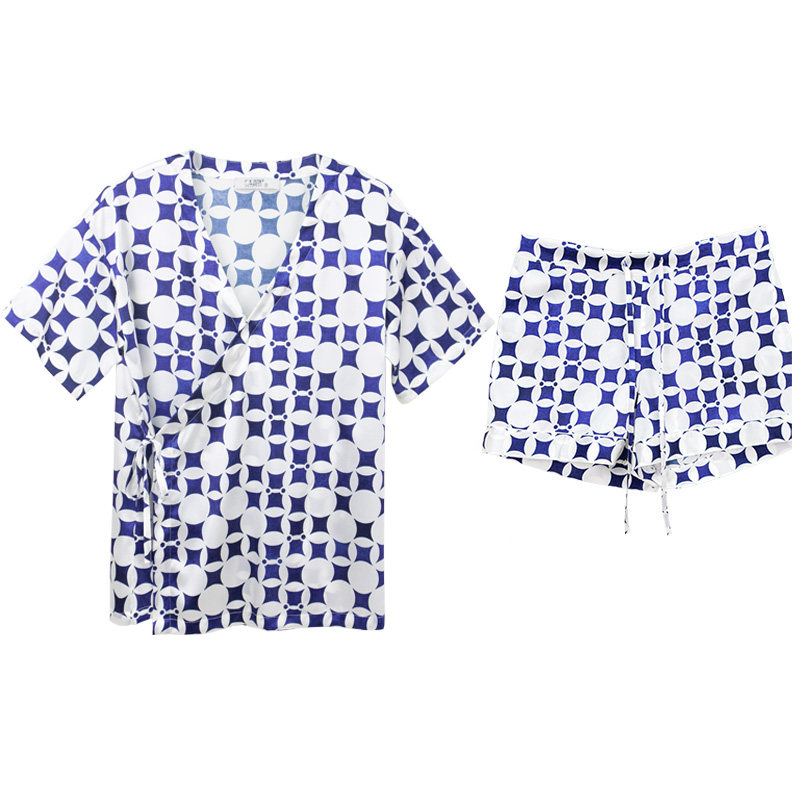 2026女真丝睡衣夏花朵彩色条纹简约有机桑蚕丝家居服短袖和服套装