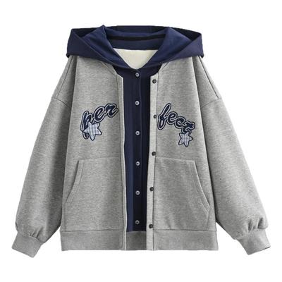 森女部落休闲风百搭撞色加绒连帽卫衣女2025新款早秋长袖宽松上衣