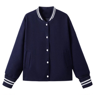 卢昱晓同款美式复古藏青色棒球服外套女秋冬宽松韩版休闲夹克上衣