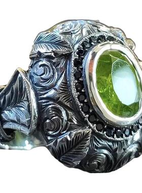 天然绿色橄榄石戒指氧化纯银