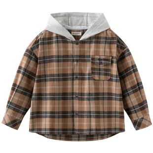 戴维贝拉儿童新款纯棉衬衫2026男童春装衬衣中大童连帽格子衫童装