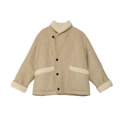 澳洲进口羊毛 半圆女装[复古]2024冬季短款毛呢外套保暖拼接小众