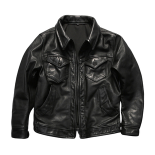 门多萨农场主修身翻领机车皮衣男 粒面头层牛皮夹克短款真皮外套