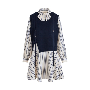 阔色背心马甲条纹衬衫连衣裙两件套装女2025秋季新款法式短裙子