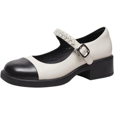 色非方头珍珠玛丽珍粗跟鞋