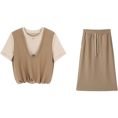 Basic House/百家好撞色假两件套装夏短袖上衣抽绳半身长裙两件套