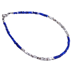 Ciel原创手工天然青金石+通体925纯银碎银方片珠极细手链脚链迷你