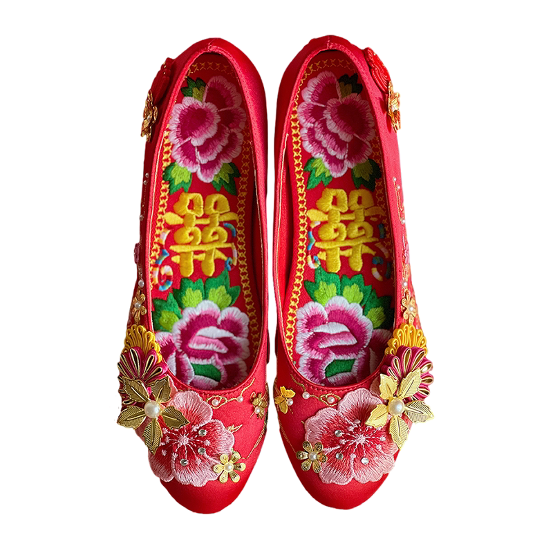 【喜见梅花】橘九中式婚鞋港式裙褂鞋手工秀禾鞋绣花鞋圆头单鞋
