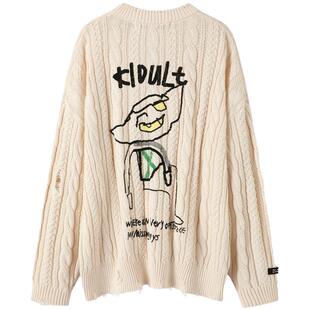 APPARITION 手工磨破 复古绞花 抽象印花 圆领套头毛衣毛衫针织衫