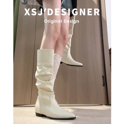 法式白色尖头高筒堆堆靴女内增高长筒靴不过膝靴子软皮平底骑士靴