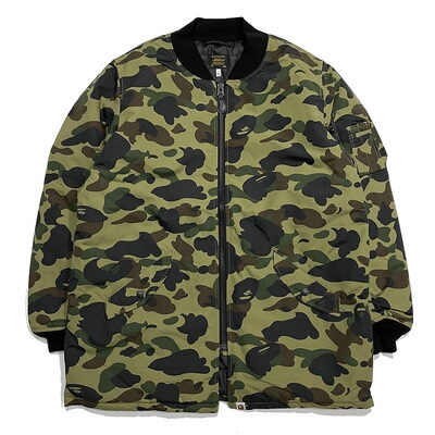 现货 BAPE 1ST CAMO LONG JACKET 绿迷彩中长款棉服 MA1夹克 外套