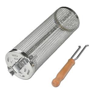 亚马逊经典款烧烤笼BBQ不锈钢滚动烟熏烤肉圆形淄博烧烤筒烧烤网