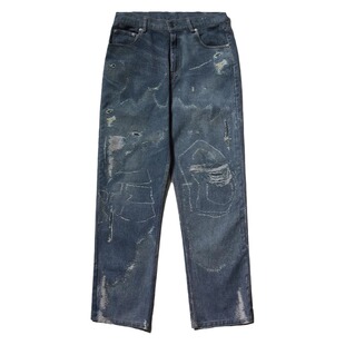 Remedy秋季3D打印潮牌宽松直筒休闲长裤美式复古数码印花牛仔裤男