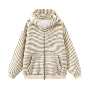 江南先生NewJNXS高克重绒感条纹宽松上衣裤子春简约连帽休闲套装