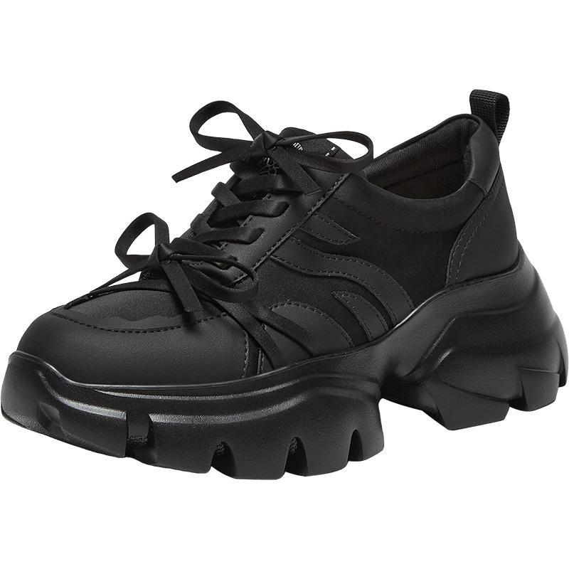 百思图2025秋季新款透气黑色老爹鞋运动厚底增高女休闲鞋UTJ11CM5