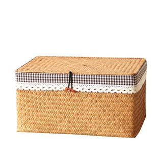 海草编织带盖竹编收纳篮零食框置物篮藤编长方形口罩收纳盒收纳筐