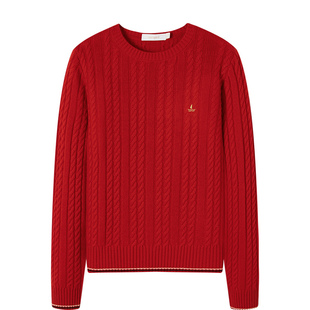 Navigare意大利小帆船红色绞花毛衣女秋冬新款纯羊毛通勤针织衫