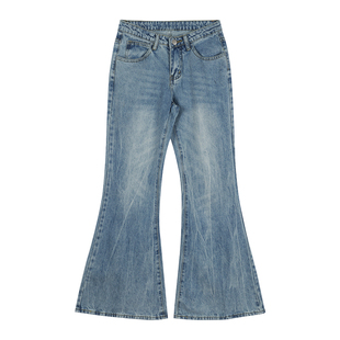 alex stevens高腰复古牛仔裤不贴腿微喇叭裤子春款宽松阔腿裤