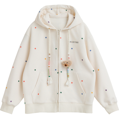 诺诺公主S1N初中生连帽卫衣女2026春季加绒立体小熊圆点拉链外套