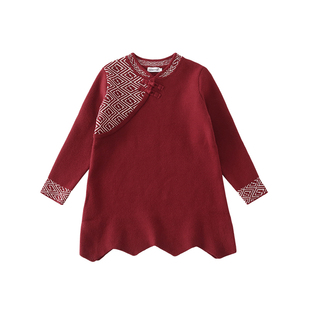 中国风亲子装秋冬装一家三口四扣母子母女新中式毛衣连衣裙拜年服