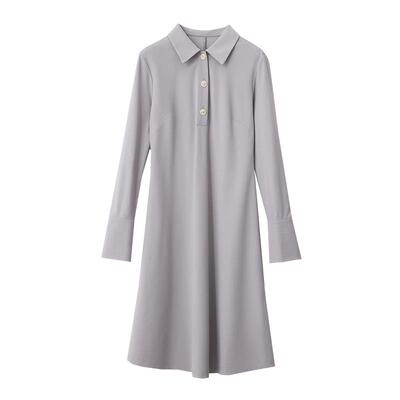 Amii2025早秋新款通勤POLO领荷花纽扣A摆连衣裙女修身小黑裙子