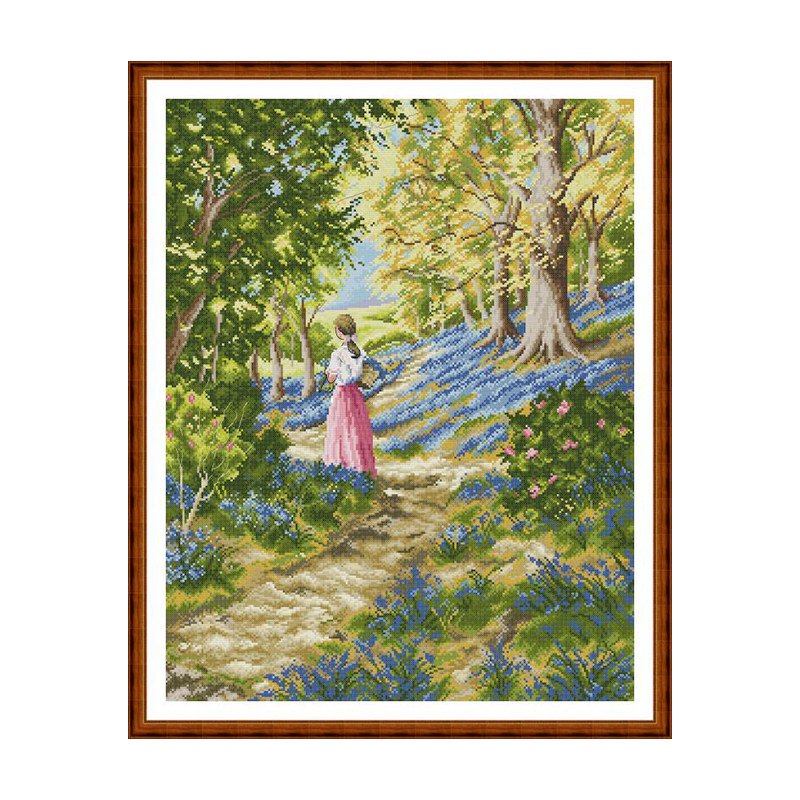 蓝铃花森林少女十字绣 欧式油画风林间小路风景手工刺绣挂画套件