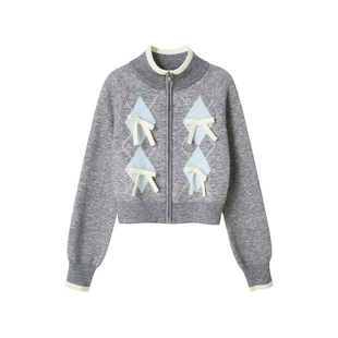 【少女心结】Uena美式复古灰色菱形格纹立体蝴蝶结立领毛针织开衫