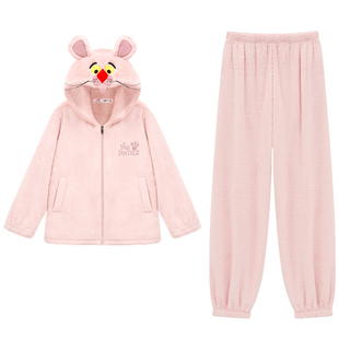 亲嘴猫【粉红豹】暖暖绒可外穿可爱卡通连帽保暖睡衣家居服套装女