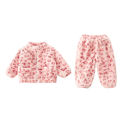 女童睡衣套装豹纹珊瑚绒加绒加厚