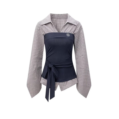 春季小众收腰气质假两件衬衫上衣