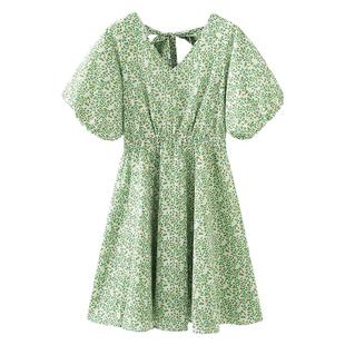 画风家drawwind泡泡袖碎花裙夏新款V领收腰显瘦系带短款连衣裙