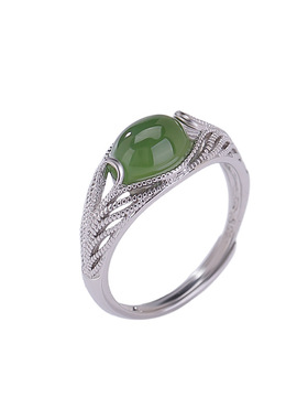 山予棠天然和田玉S925纯银蛋面椭圆碧玉点状花纹镂空戒指