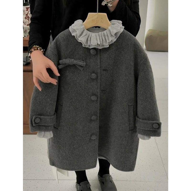 儿童毛呢外套2025新款冬季女童中长款双面羊绒高级感加厚灰色大衣