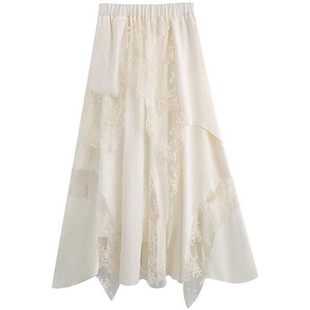 不规则白色蕾丝拼接半身长裙大码女装春季显瘦梨形伯克利大摆伞裙