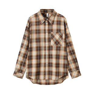 [商场同款]森马长袖衬衫女中长款慵懒宽松春新款女士绿黑格子衬衣