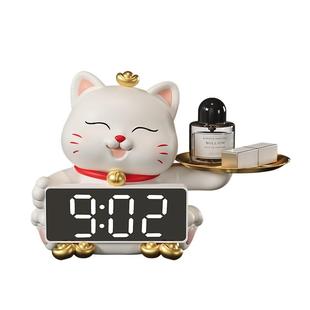 招财猫咪时钟摆件客厅卧室玄关桌面钟表摆台式电子钟闹钟数字感应