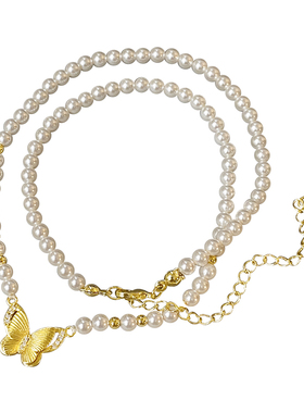 蝴蝶S家澳白色珍珠项链女轻奢高级感气质国风古法沙金吊坠锁骨链