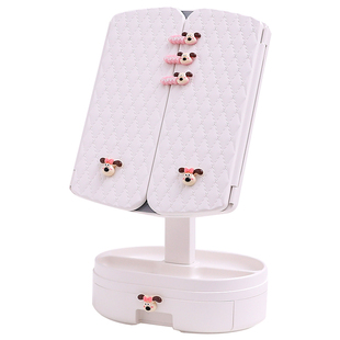 桌面化妆镜卧室发光梳妆台led带灯补光宿舍折叠台式收纳盒大镜子