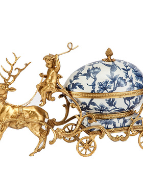 欧式风纯铜马鹿拉车奢华摆设壁炉