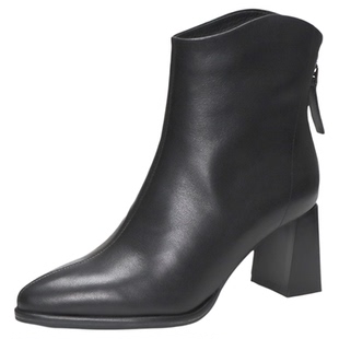 COMELY康莉2025新款尖头粗跟时装靴羊皮后拉链裸靴女短靴KYQ48668