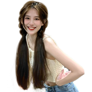 超轻双马尾假发女微直发绑带式可爱自然逼真蓬松中长直发抓夹式